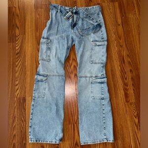 ZARA MID RISE BELTED CARGO JEANS